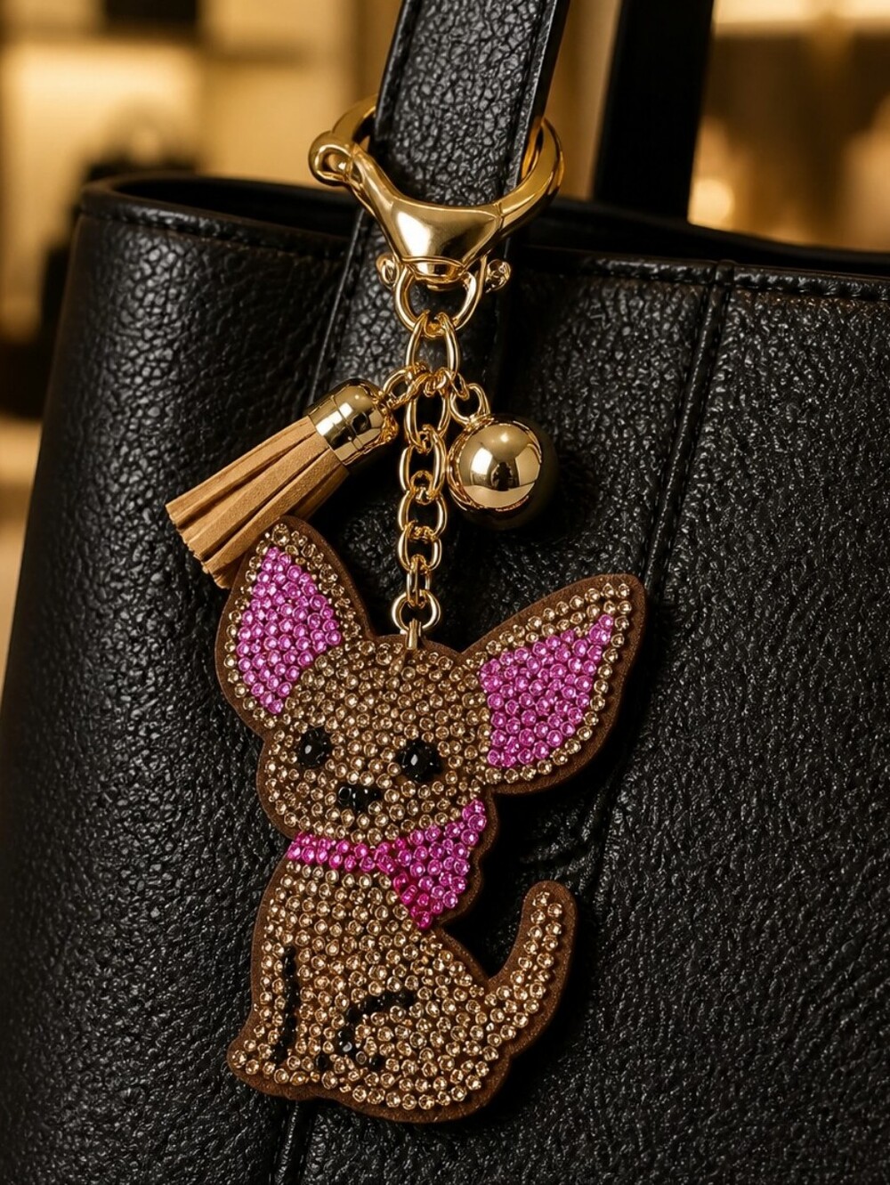 Rhinestone Chihuahua Keychain Bag Charm Pink Bow Dog Mom Purse Charm Sparkly